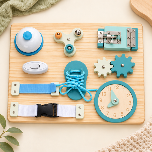 Busy Board Bleu en bois – Jouet d'éveil sensoriel dès 12 mois