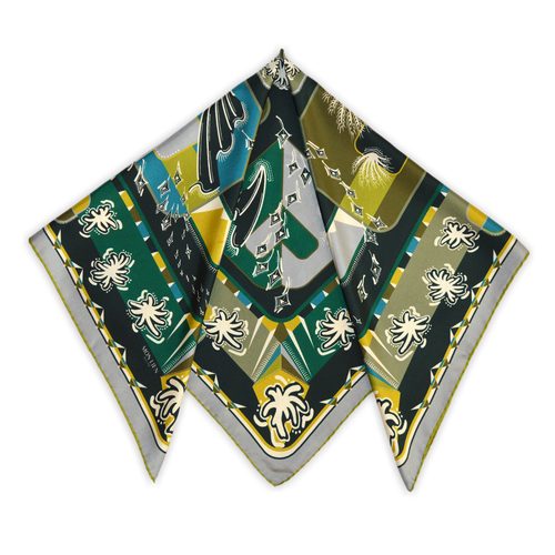 Foulard carré in seta Mon Lien | L'ebbrezza del volo | verde e ocra